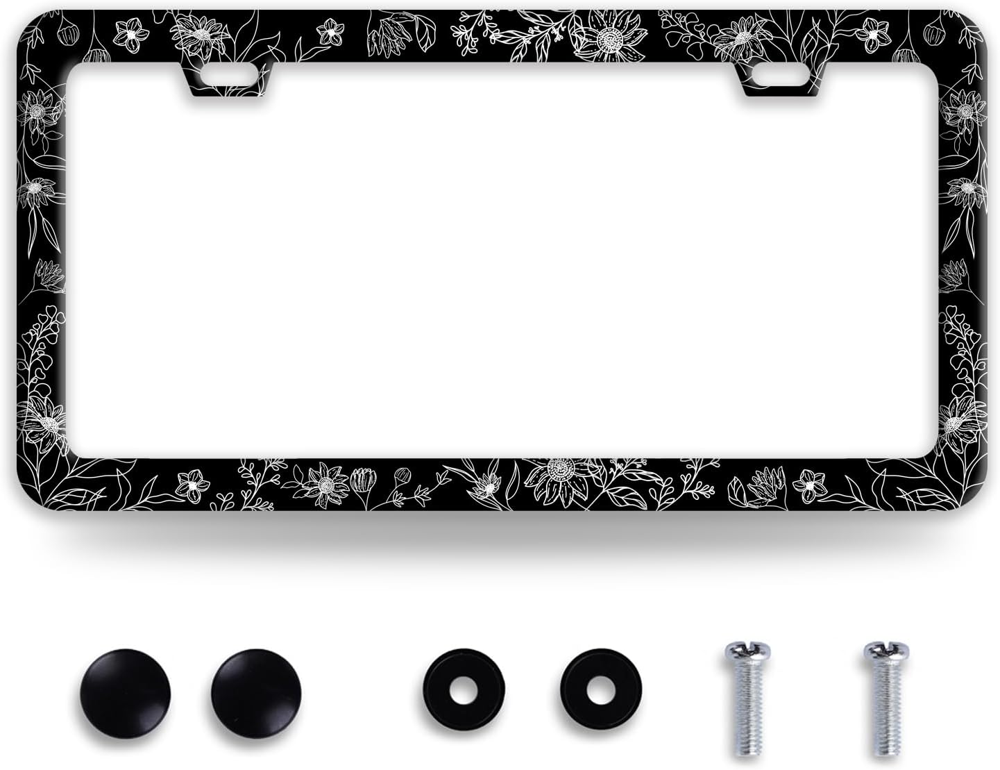 Line Art Flowers License Plate Frame Beautiful Floral License Plate Frames Funny Stainless Steel Accessories Cars Decor with 2 Holes and Screws Fits Standard Us Ca Vehicles Holder 12.2 X 6 Inch