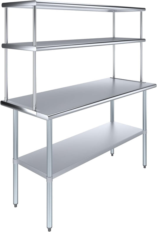 Amgood Stainless Steel Work Table Double Tier Overshelf | Metal Kitchen Prep Table & Shelving Combo (24" x 60" Work Table + 18" Overshelf)
