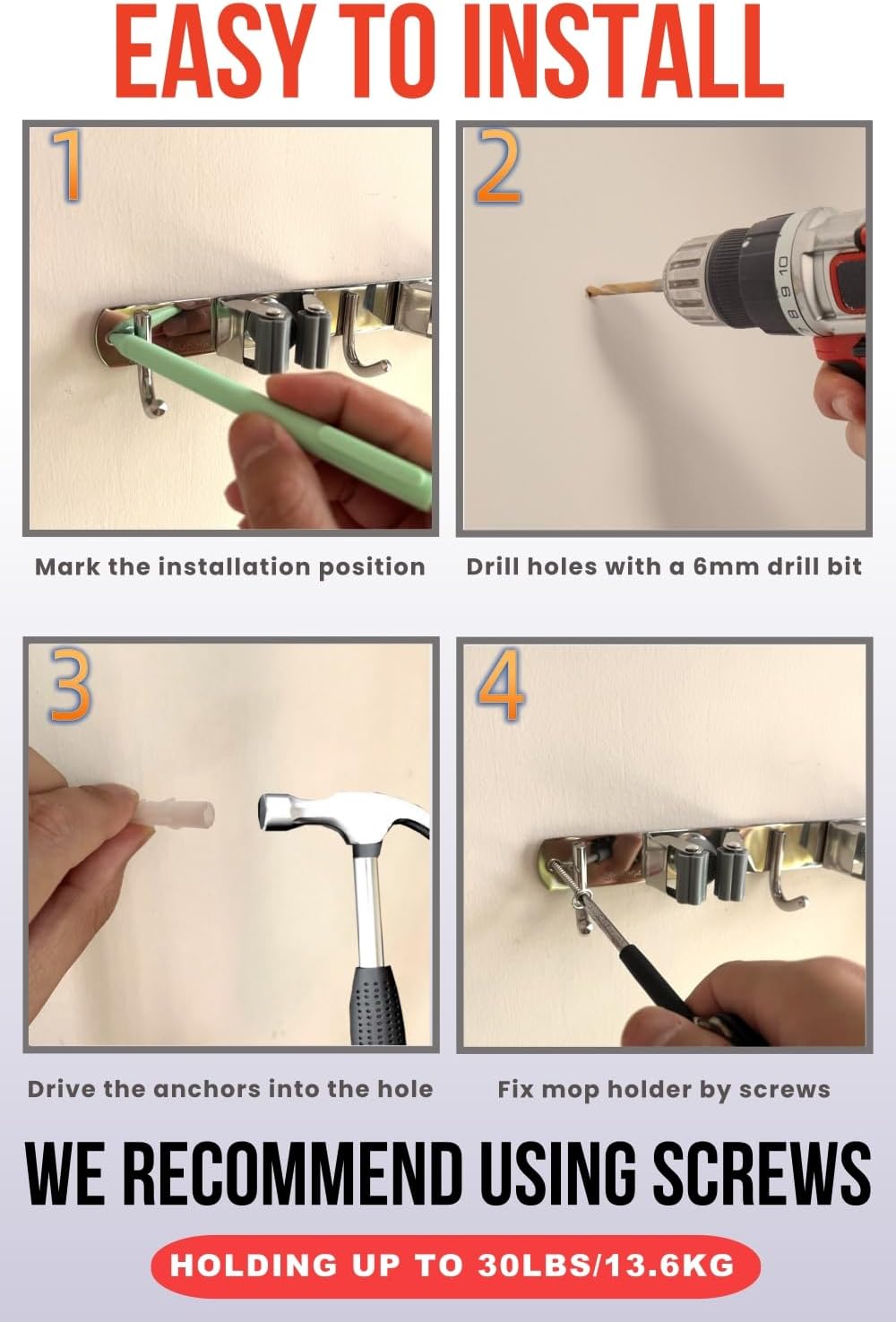 Mop and Broom Holder Wall Mount, Upgraded Broom Hanger Wall Mount, Stainless Steel Broom Organizer for Closet Garage Laundry Room Kitchen Wall Decor(3Racks 4Hooks Silver)