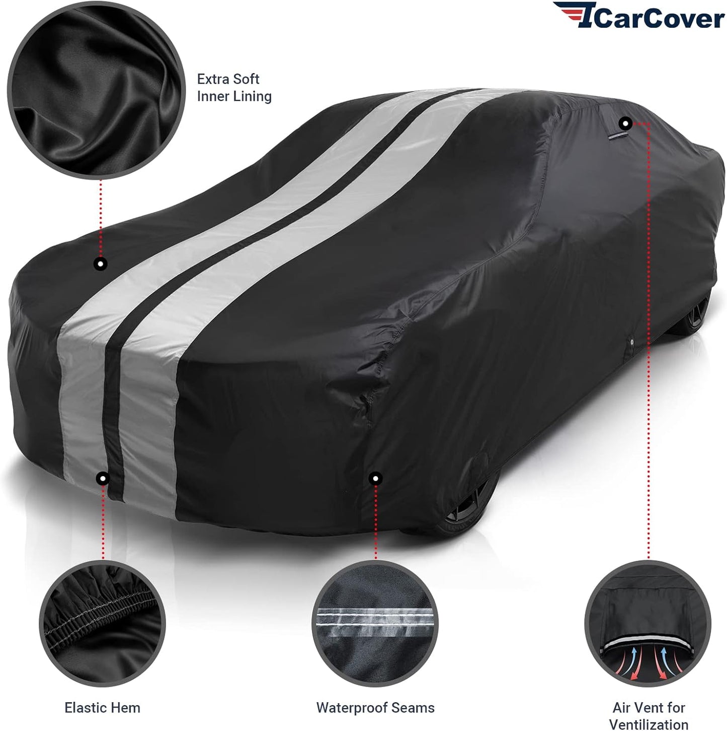 iCarCover Custom Car Cover Compatible with Mustang 1979-2004, Waterproof All Weather Rain Snow UV Sun Protector Full Exterior Indoor Outdoor Car Covers, Stripe (Black/Gray)