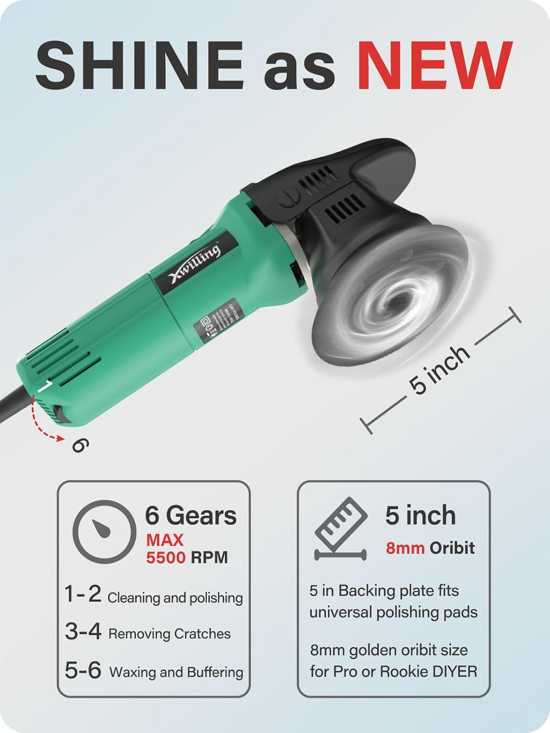 Buffer Polisher, 5-Inch 8MM Dual Action Random Orbital Car Polisher with 6 Variable Speed MAX5500 RPM, Car Detailing Kit for Car Detailing Polishing and Waxing