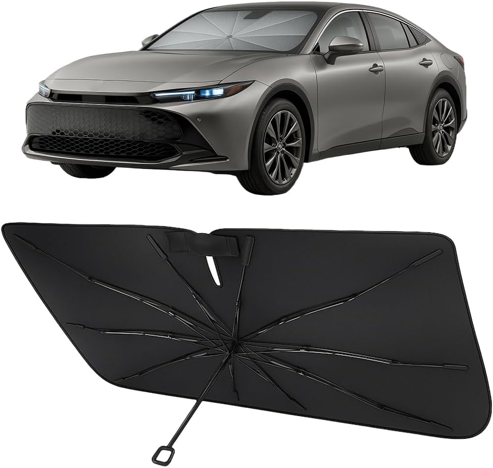 Proadsy Windshield Sun Shade Umbrella for Toyota Crown 2023-2025 2026 Foldable Car Umbrella Sunshade with Soft TPU Handle Spring Structure Crystal Cooling Material Protect Car from Rays & Heat