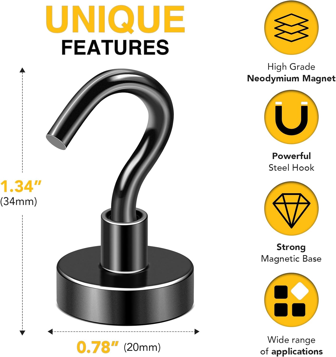 DIYMAG Black Magnetic Hooks, 50 LB Heavy Duty Magnet with Hook, 20 Packs Strong Rare Earth Neodymium Magnets for Hanging, Magnetics Hanger for Curtain, Home, Kitchen, Workplace