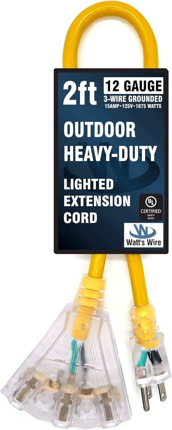 2 ft - 12 Gauge Heavy Duty Extension Cord - 3 Outlet Lighted SJTW - Indoor/Outdoor Extension_Cord by Watt's Wire - 2' 12-Gauge Grounded 15 Amp ExtensionCord Splitter