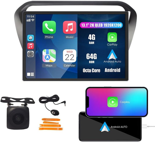 Kunfine Car CarPlay Android Auto Navigation Stereo GPS Radio Camera Display 13.1" QLED Touchscreen Headunit Tablet Media Player for Peugeot 301 2013-2022, if Applicable Octa Core 4G+64G Matte Black