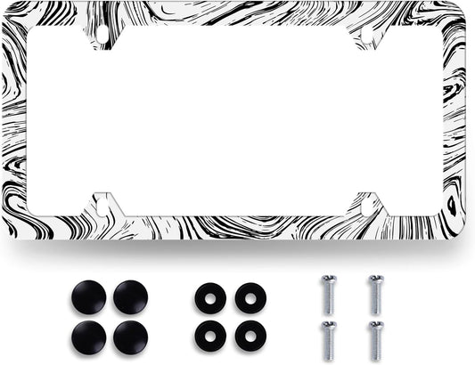 Abstract Marble Print License Plate Frame Wood Texture Marble License Plate Stainless Steel Colorful Car Accessory Funny License Plate Decoration Men Women Size 12.2"x6.2" with Screws