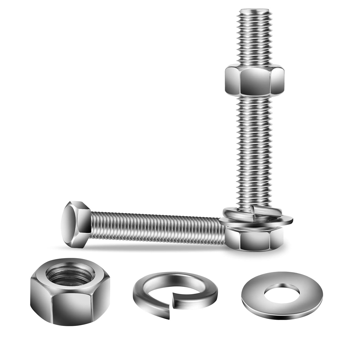 1/4-20 x 5" Hex Head Screw Bolt, Nuts, Flat & Lock Washers, 20Pcs 18-8 (304) Stainless Steel, Fully Threaded, by SG TZH