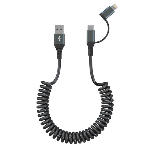 USB to USB C and Lightning Cable Support Apple Carplay & Android Auto - 3A Fast Charge & 480Mbps Data Sync Coiled Lightning Cable USB C iPhone Charger Cord for iPhone 16 15 14 13 12 11 Android