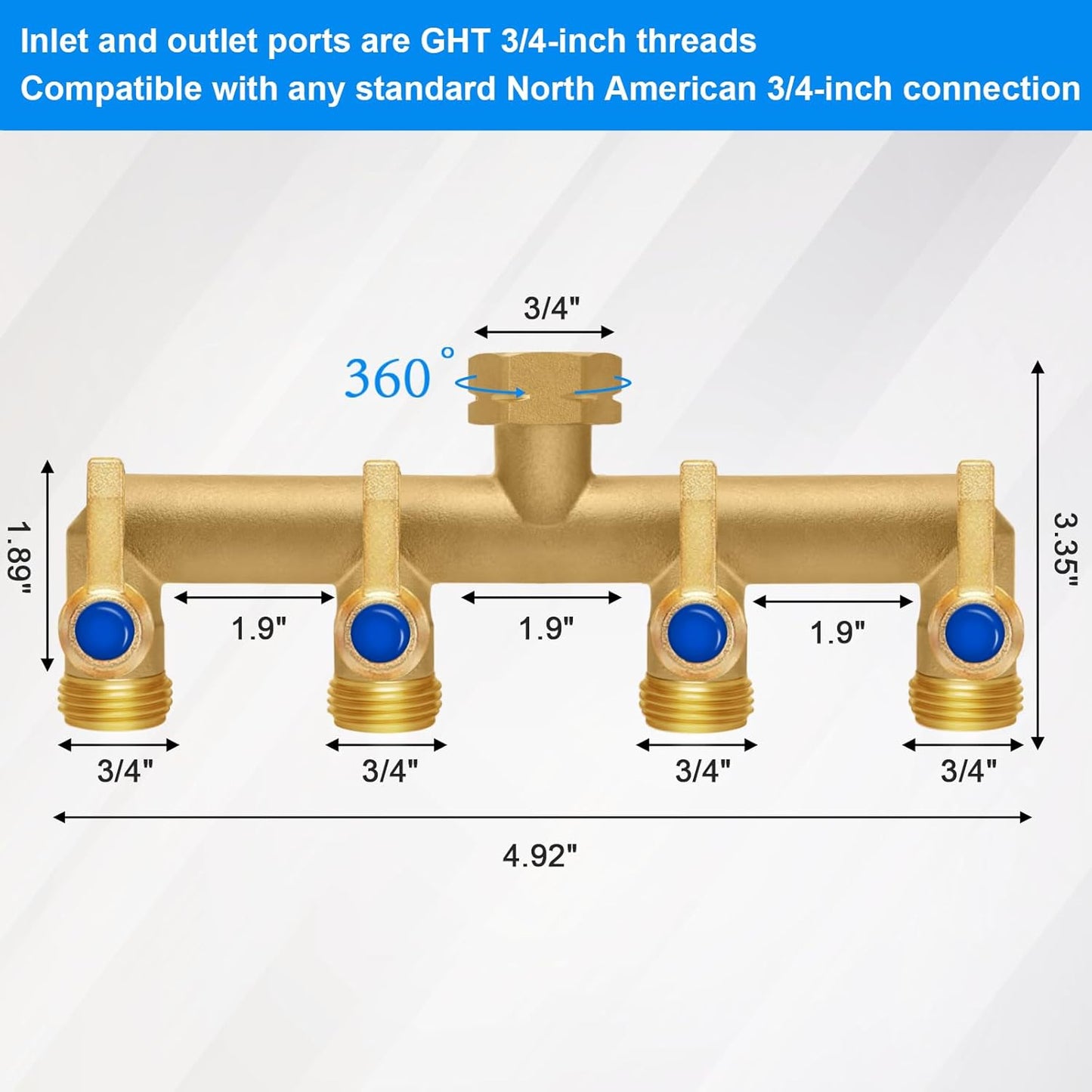 Brass Garden Hose Splitter, 4 Way Hose Splitter, Outdoor Hose Splitter, Outlet For Regulating And Shutting Off Water Flow