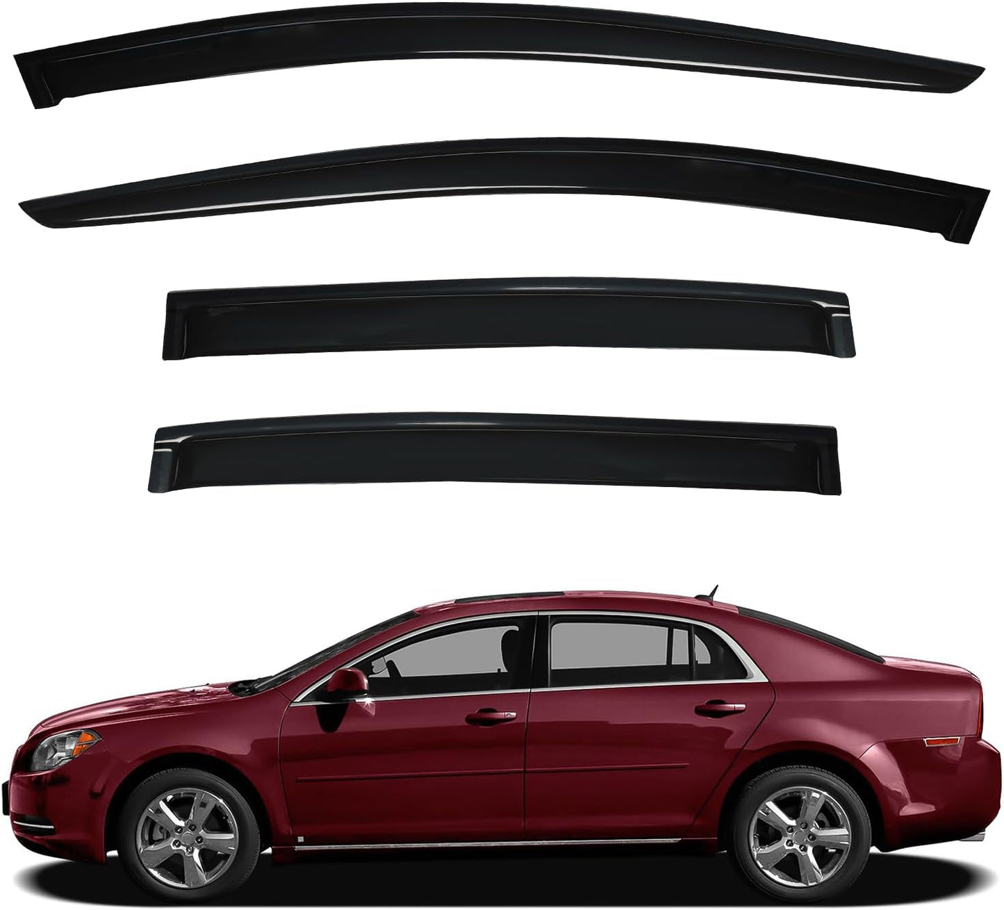 Window Visors Sun/Rain Guard Compatible with 2008 2009 2010 2011 2012 Chevy Malibu 08-12 Malibu Front+Rear Smoke Tint Outside Mount Tape-On Vent Window Wind Deflectors