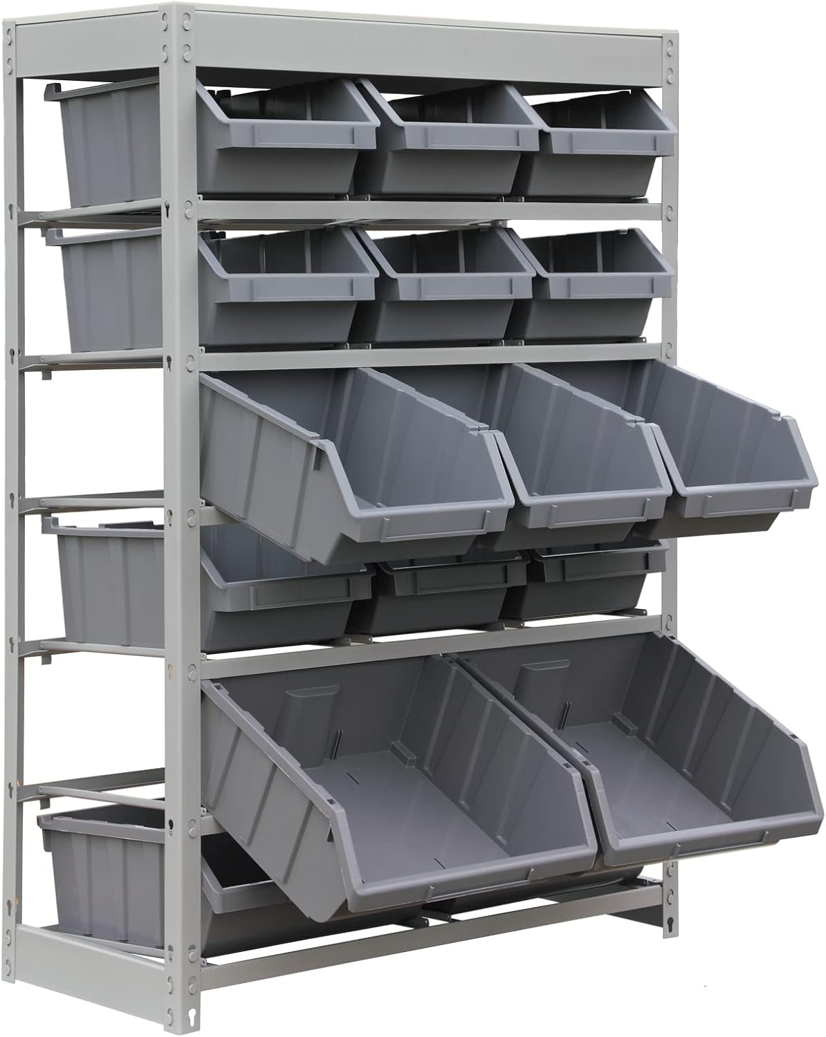 King's Rack Bin Rack Storage System Heavy Duty Steel Rack Organizer Shelving Unit w/ 16 Plastic Bins in 6 tiers