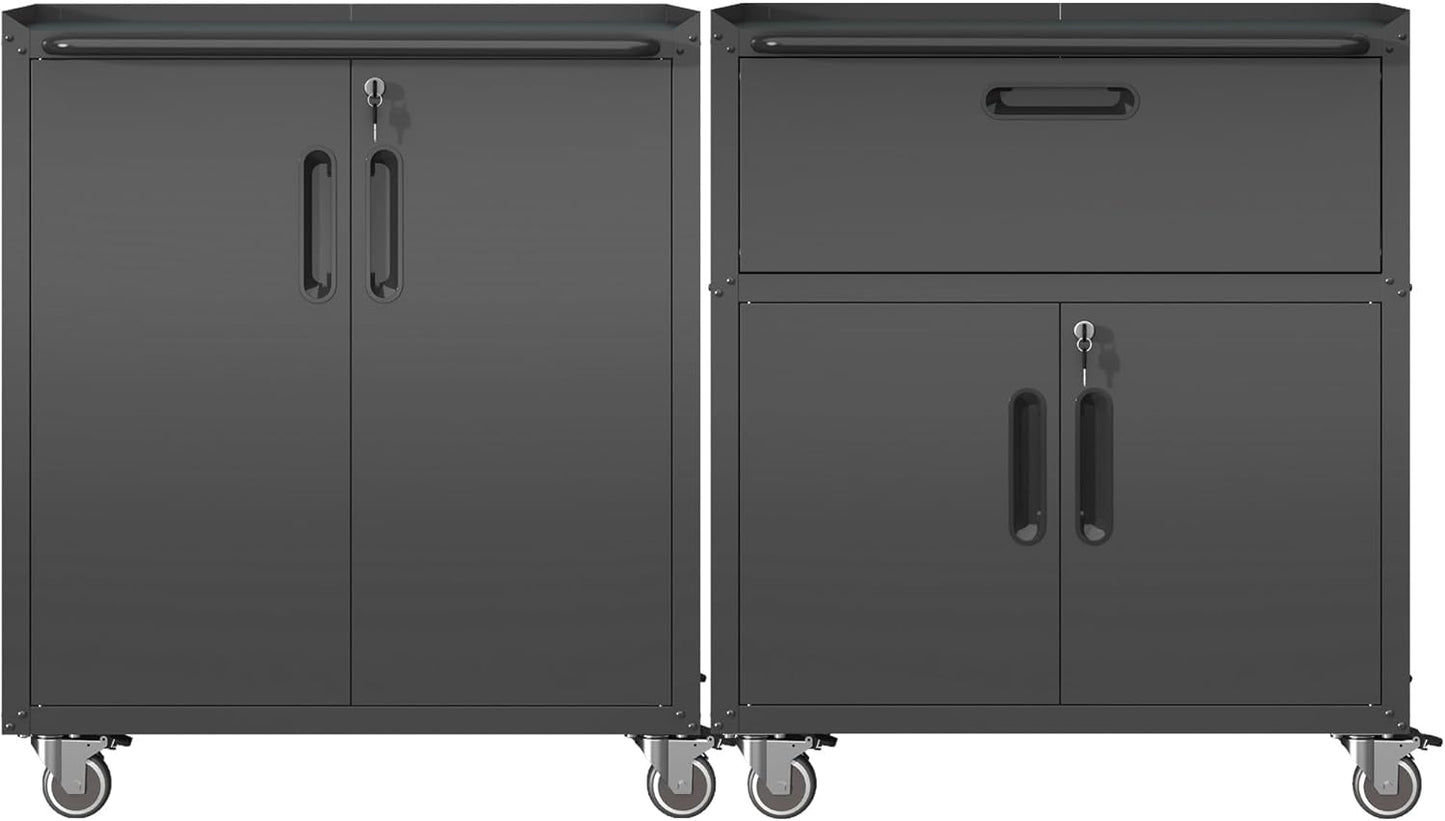 Metal Tool Cabinet,Garage Storage Cabinet System,Wall Cabinet & Locking Rolling Tool Cabinet with Doors and Adjustable Shelves,Steel Tool Cabinets for Home,Office (2 Pcs-StyleB, Black)