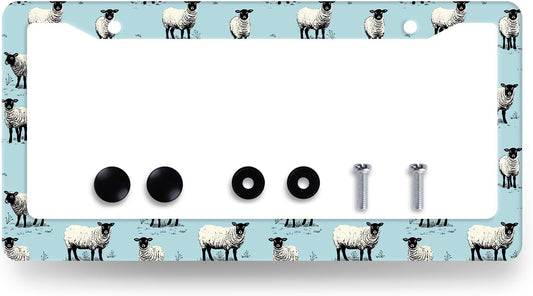 Cute Sheep License Plate Frame Animals License Plate Holder Stainless Steel Funny Design Compatible with Standard License Plate for USA Canada 12.3" x 6.3" with 2 Screws