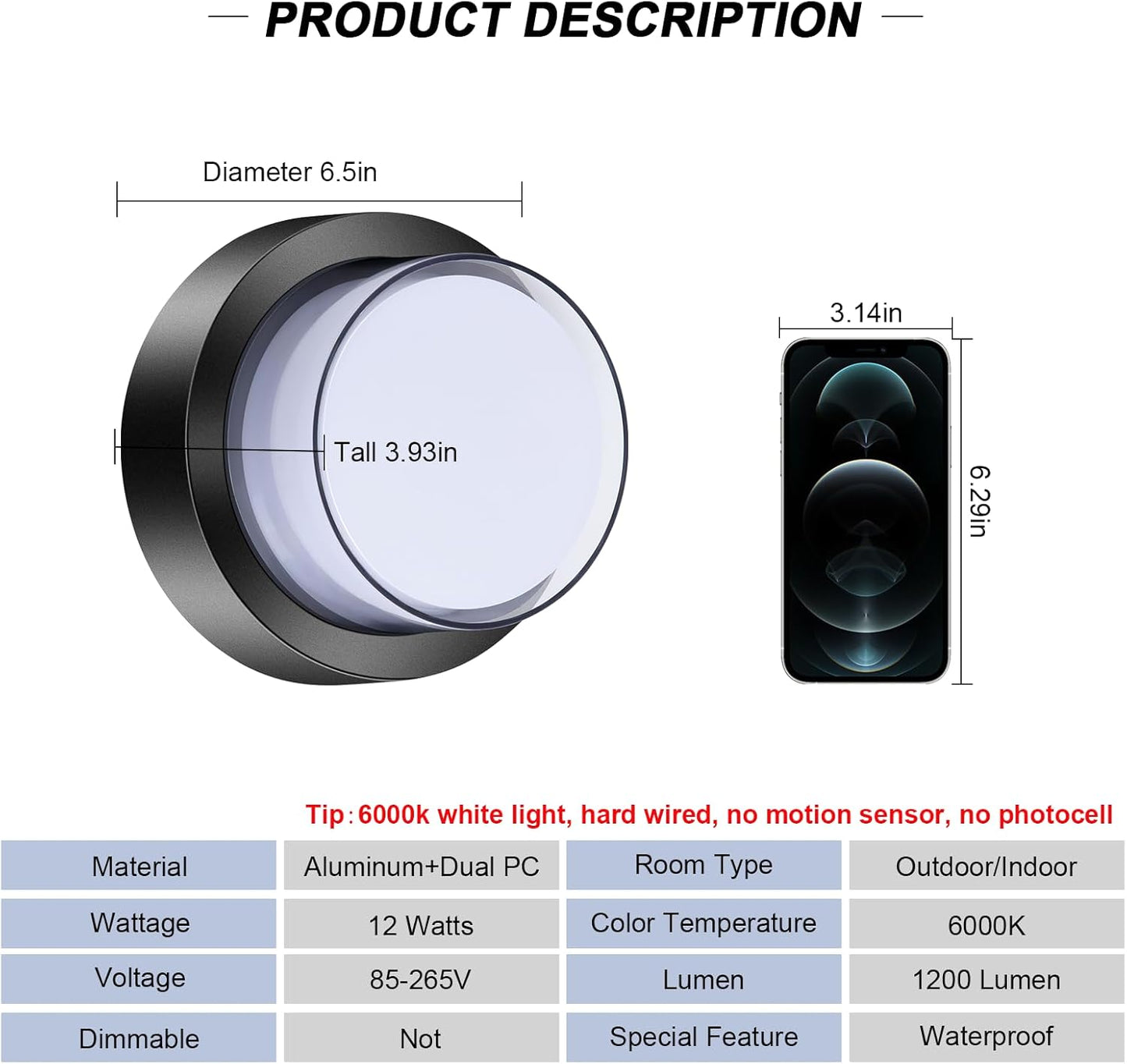 Outdoor LED Flood Lights, Waterproof Modern Exterior Wall Light, 12W Anti Rust Outside Porch Lighting with 6000K Daylight Small Circle Wall Mount Fixtures for House Backdoor Yard Entryway