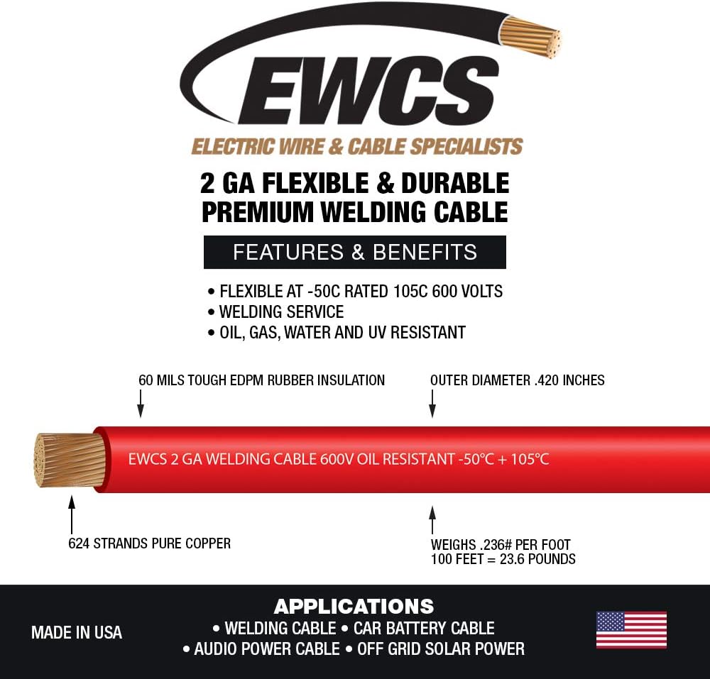 EWCS 2 Gauge Premium Extra Flexible Welding Cable 600 Volt - Red - 25 Feet - Made in The USA