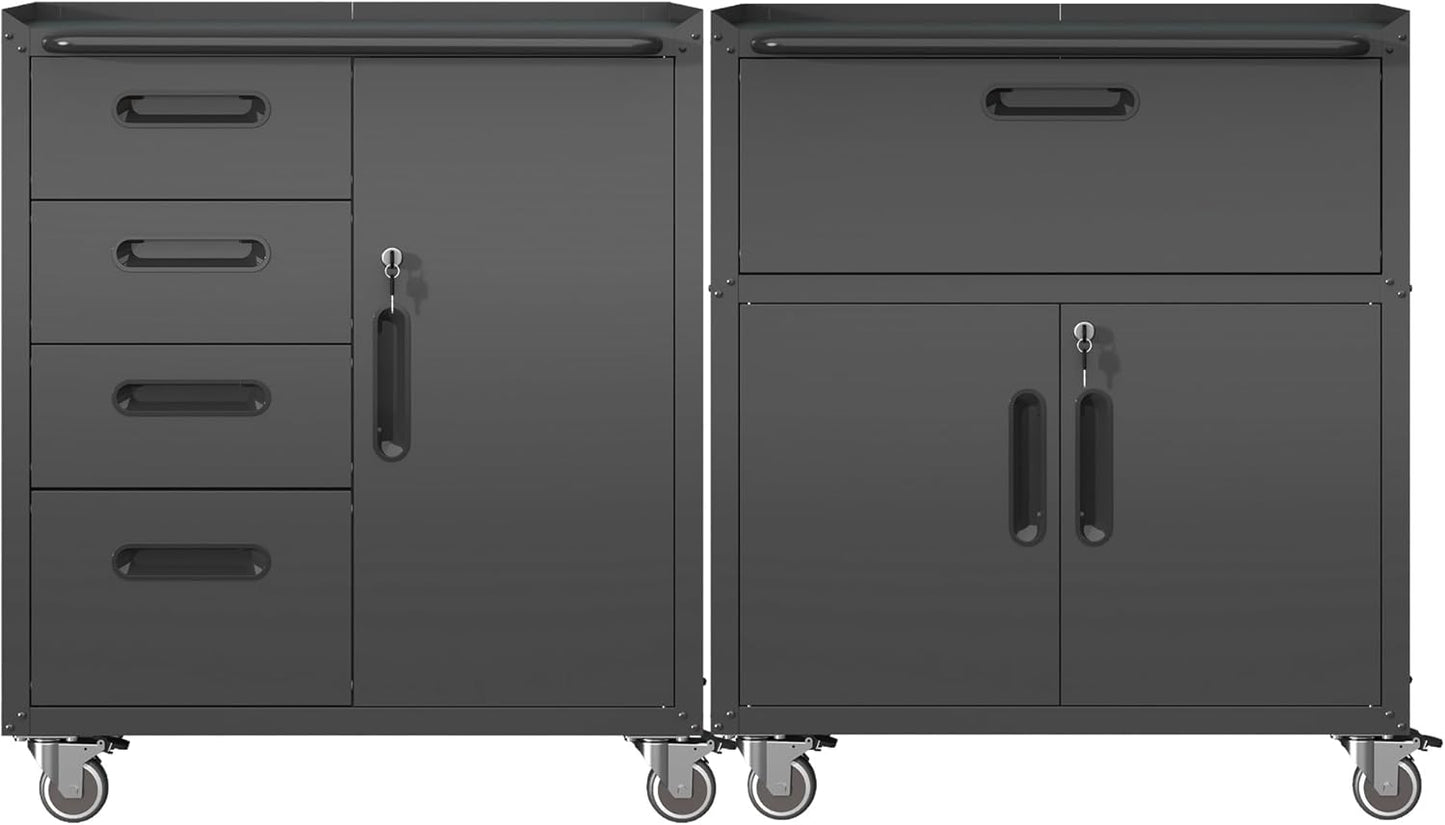 Metal Tool Cabinet,Garage Storage Cabinet System,Wall Cabinet & Locking Rolling Tool Cabinet with Doors and Adjustable Shelves,Steel Tool Cabinets for Home,Office (2 Pcs-StyleF, Black)