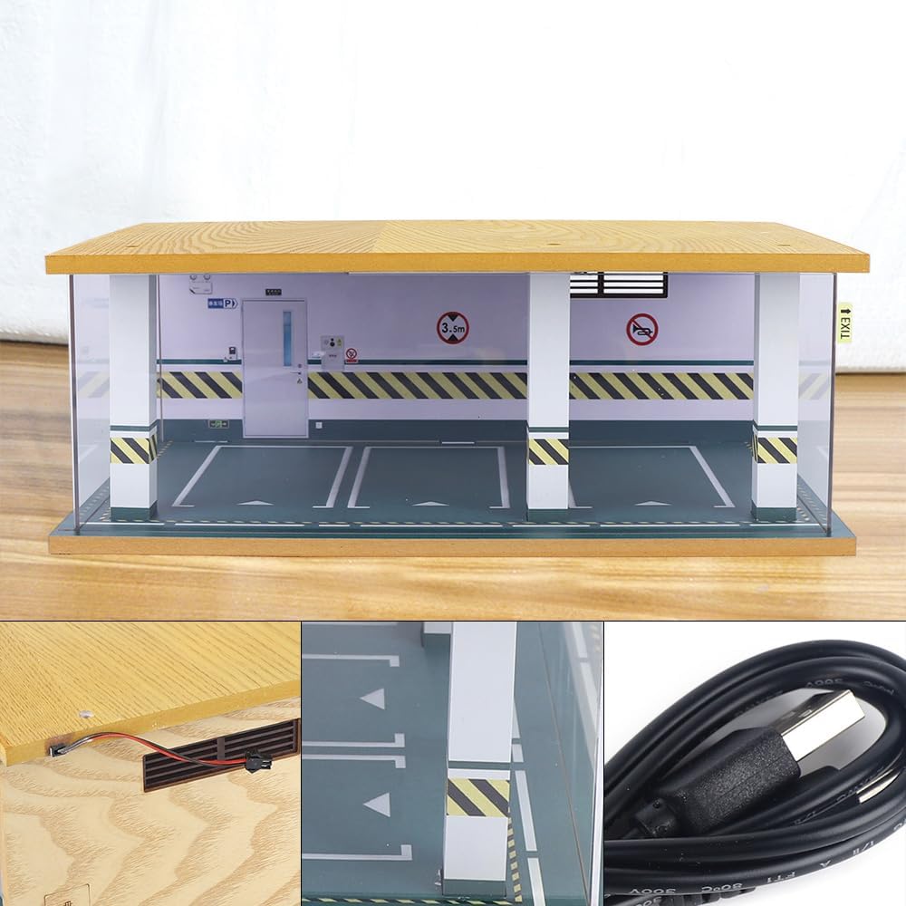 1/24 Parking Garage Model Car Garage Display Case with Clear Acrylic Cover and LED Lighting Toy Car Storage Tabletop Showcase for Boy Kids Home Toy Stores