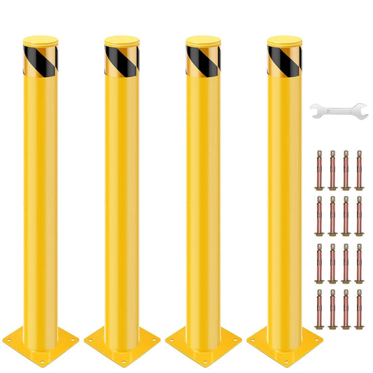 4 Pack Safety Bollard Post, 42 Inch Height 4.5 Inch Diameter Yellow Pipe Safety Steel Bollards with Anchor Bolts and Wrench, Steel Bollards for Road Warning Construction Public Place Traffic Control