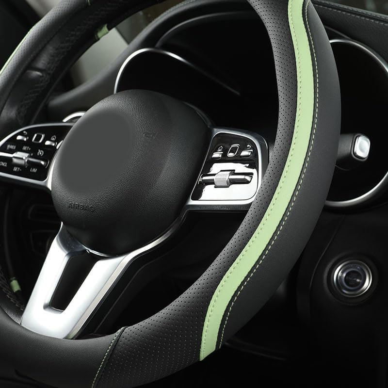Car Steering Wheel Cover, Leather Steering Wheel Cover Green Universal 14.5-15 Inch Microfiber Leather Anti-Slip Breathable Auto Steering Wheel Covers for Men Women (Black&Green)