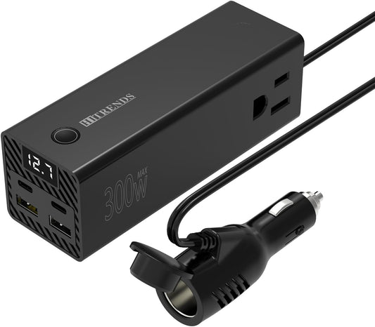 HITRENDS 300W Car Power Inverter, DC 12V to AC 110V with 2 USB Ports, 2 Type-C Ports, and 2 AC Outlets for Car, Home, and Travel Use (Black)