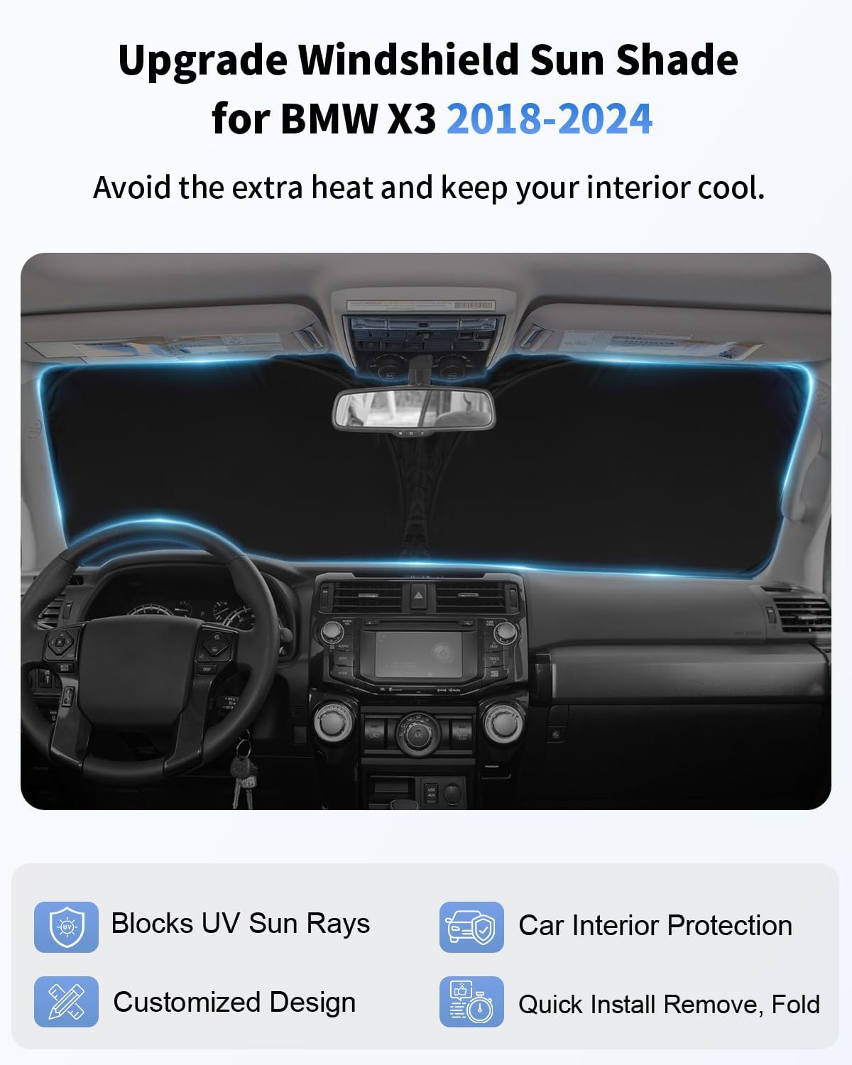 Windshield Sun Shade Sunshade for 2018-2024 BMW X3 Windshield Cover for 2023 2025 BMW X3 Base, xDrive28i, xDrive35i, M Sport SUV Accessories Foldable Sun Visor Protector Front Window UV Rays Blocker