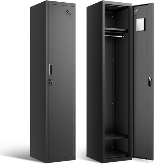 DNA MOTORING Metal Storage Cabinet for Employees with Keys, 71" Employees Metal Locker with 1 Doors, Tall Storage Lockers for Garage,Office,Home,Gym, Black, TOOLS-00787-BK-BK