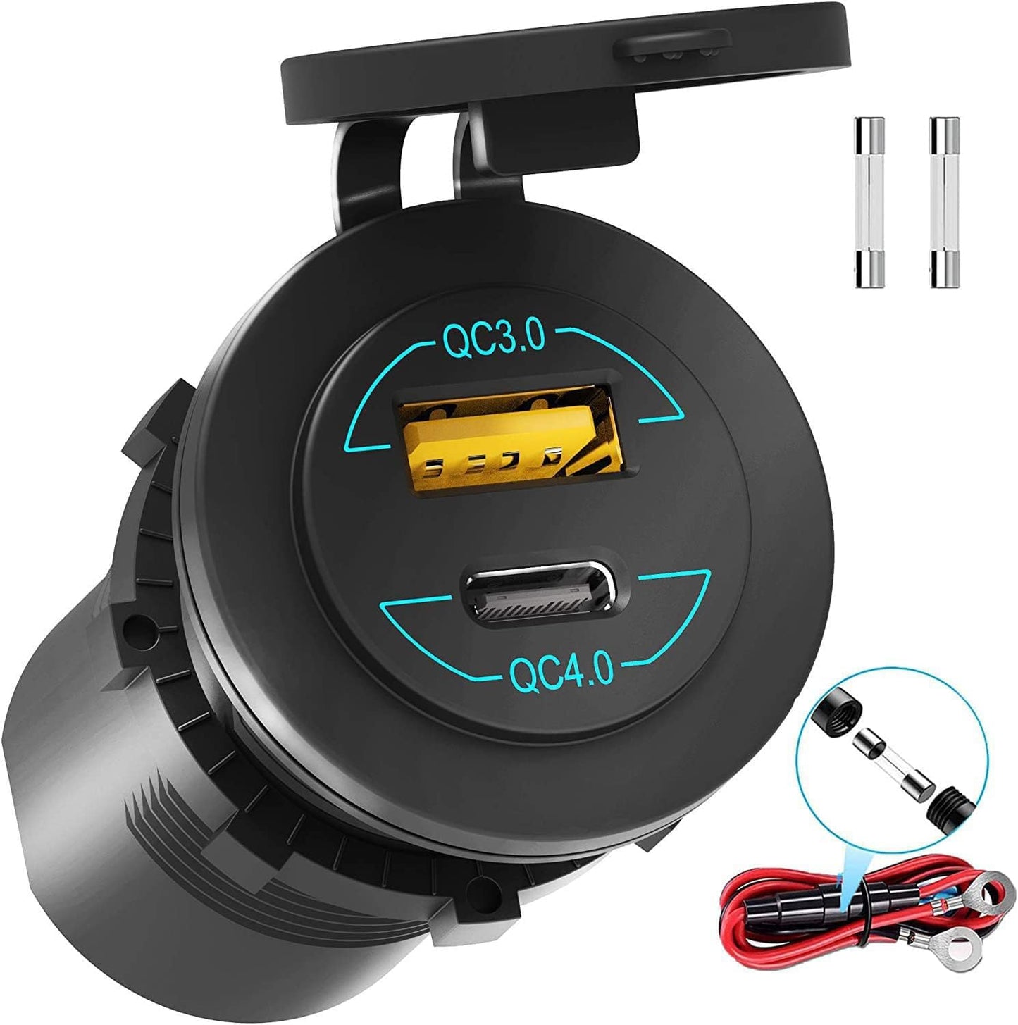 12V USB Outlet - 90W(Max) Dual Ports QC4.0 PD & Quick Charge3.0 Car Charger Socket with LED Indicator - Waterproof USB C Port for Car Boat Marine Motorcycle RV Truck ATV Golf Cart