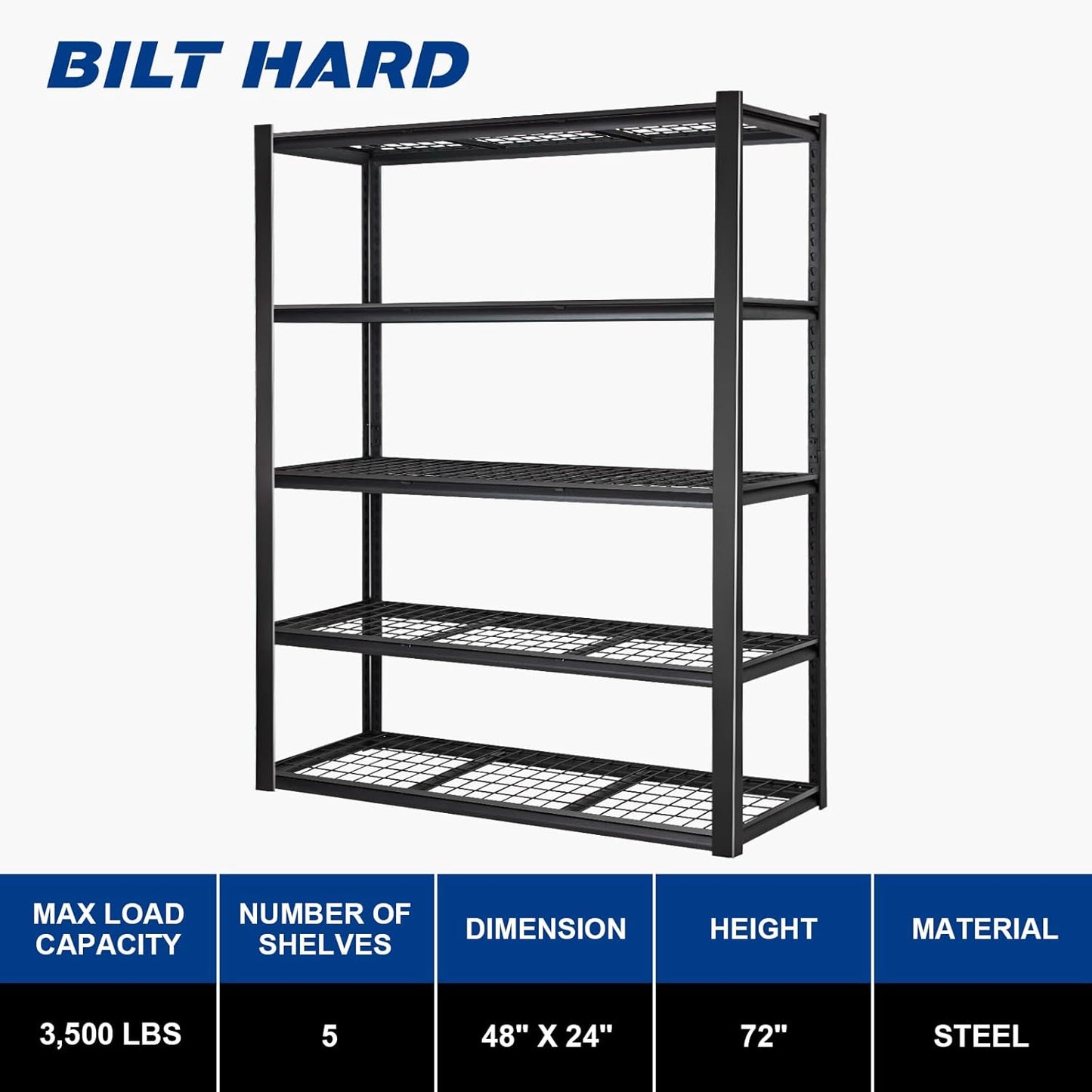 BILT HARD 48" W x 24" D Garage Shelving 3500 LBS, 72" H Storage Shelves, Industrial 5-Tier Heavy Duty Storage Shelves, Steel Shelving with Adjustable Rack, Ideal for Garage, Black