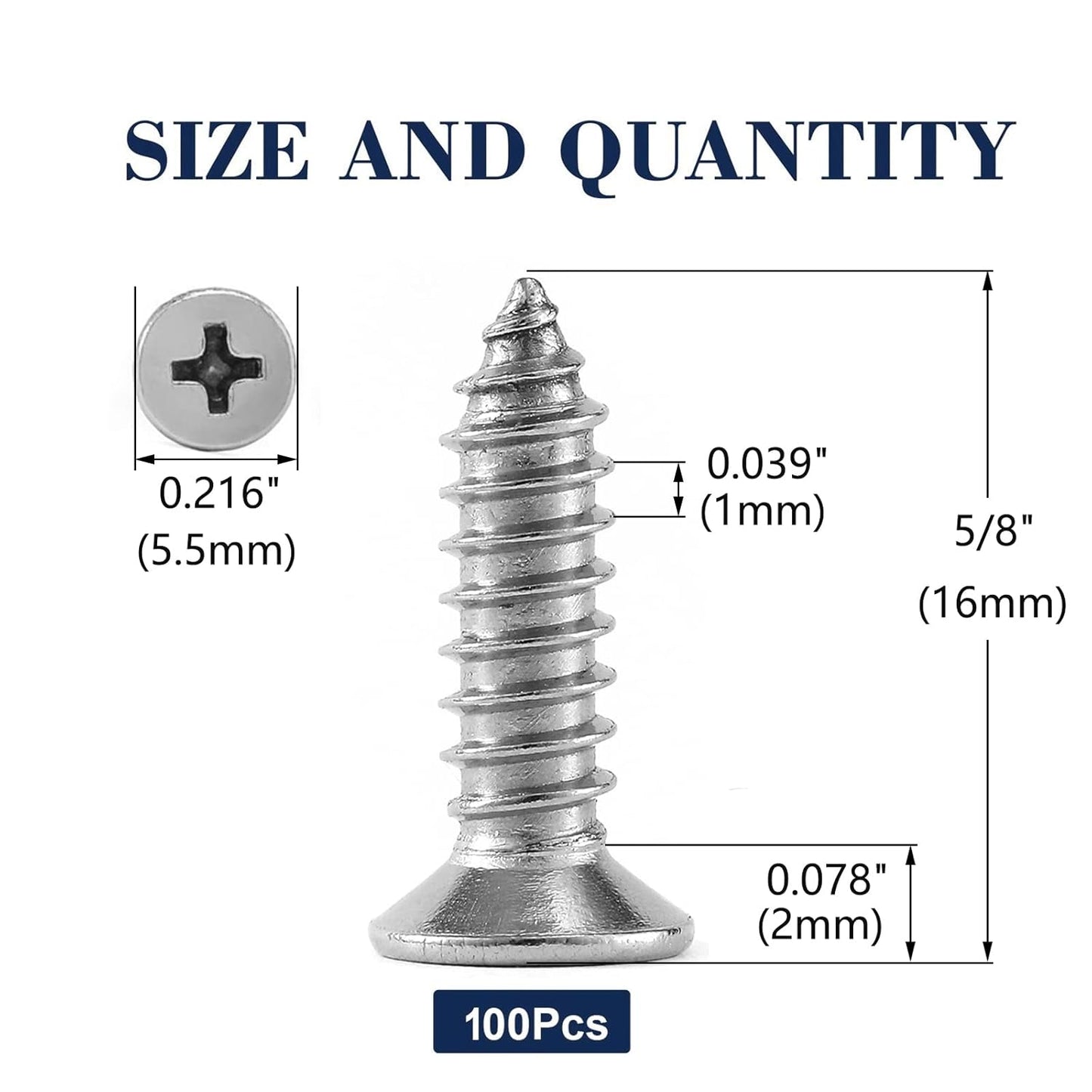 #4 x 5/8" Wood Screw 100Pcs 18-8 (304) Stainless Steel Screws Flat Head Phillips Fast Self Tapping Drywall Screws by SG TZH