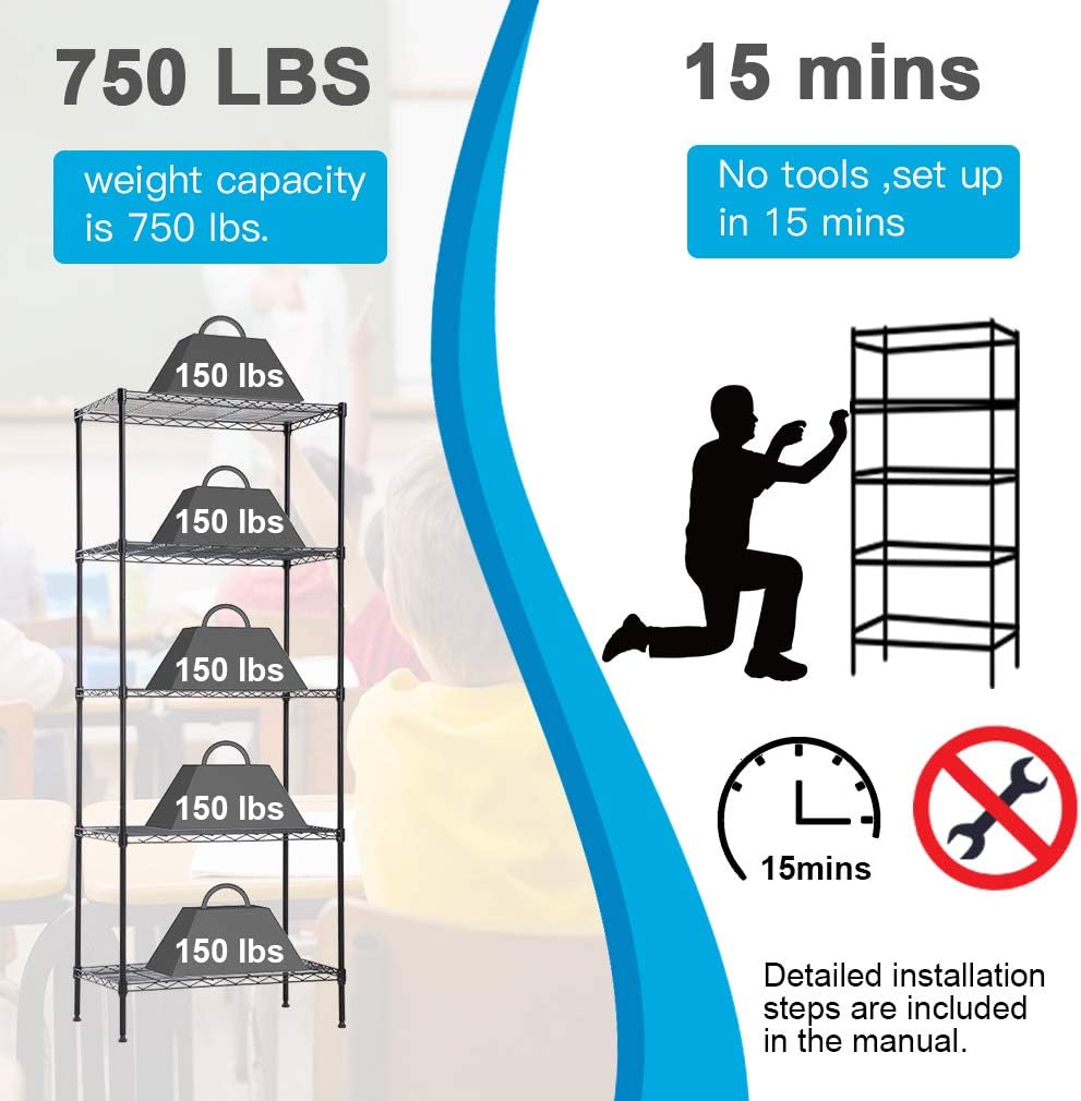 Wire Shelving Unit Metal Shelf Organizer Heavy Duty Wire Rack Storage Unit Rack Utility for Bathroom Office Kitchen (Black, 14" D x 24" W x 60" H)