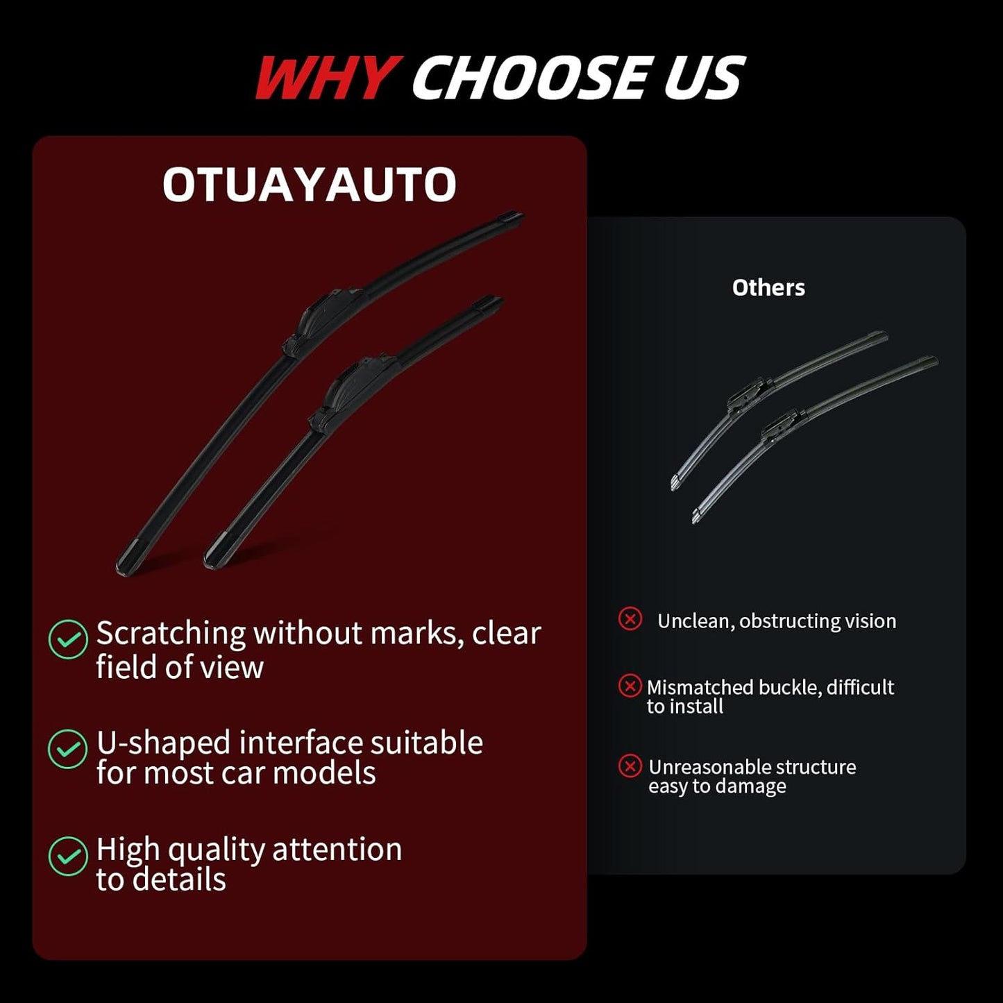 OTUAYAUTO Premium Windshield Wiper Blades - Replacement for Jeep Wrangler JL 2018-2024- Precision Fit, All-Weather Performance, Front and Rear Wiper Blades, J/U Hook - 16"+16"+12" (Pack of 3)