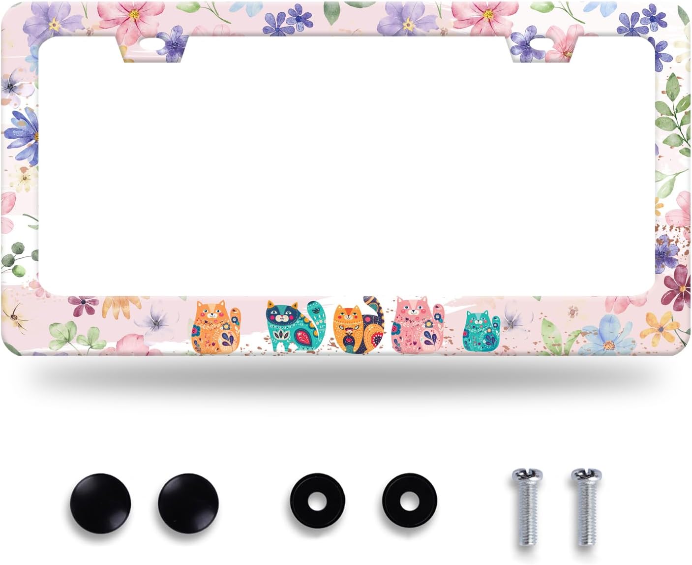 Cat and Flowers License Plate Frame Beautiful Floral Animals License Plate Stainless Steel Funny License Plate Holder for Men Women Colorful Cats Car Accessories Decoration 12.3" x 6.3"