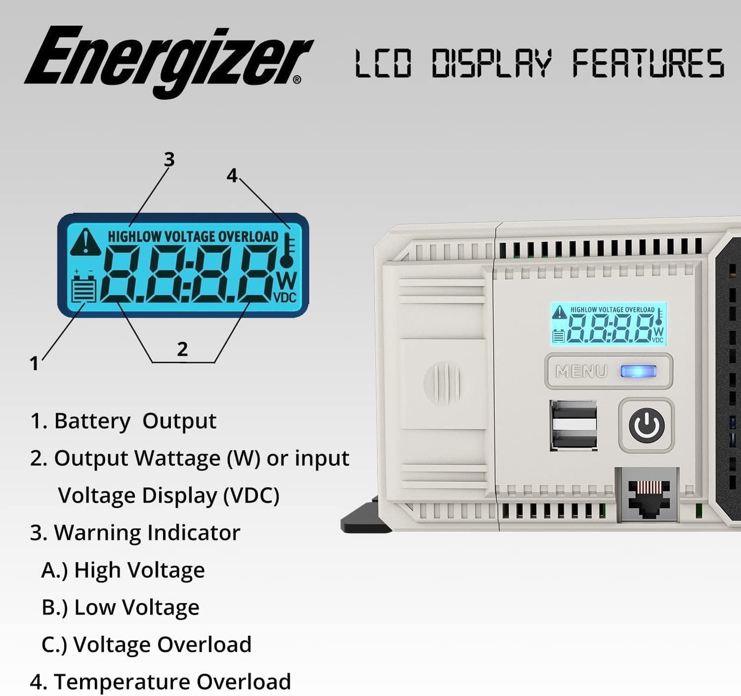 Energizer 3000W Pure Sine Wave Inverter 12V DC to 120V AC Converter for RV, Truck, Off-Grid Solar Power Inverter 12V to 110V W/QC 3.0A Each USB Port, AC Hardwire Port, Remote Cables Fuse Included