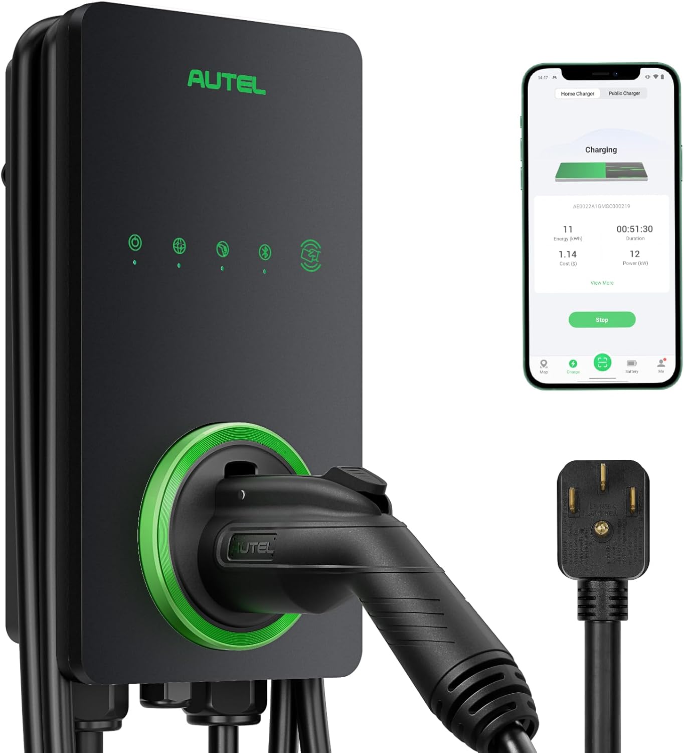 Autel Home Smart AI Level 2 EV Charger up to 40Amp, 240V, Indoor/Outdoor Fast Electric Vehicle Charging Station with Flexible 25-Foot Cable, NEMA 14-50 Plug, Dark Gray