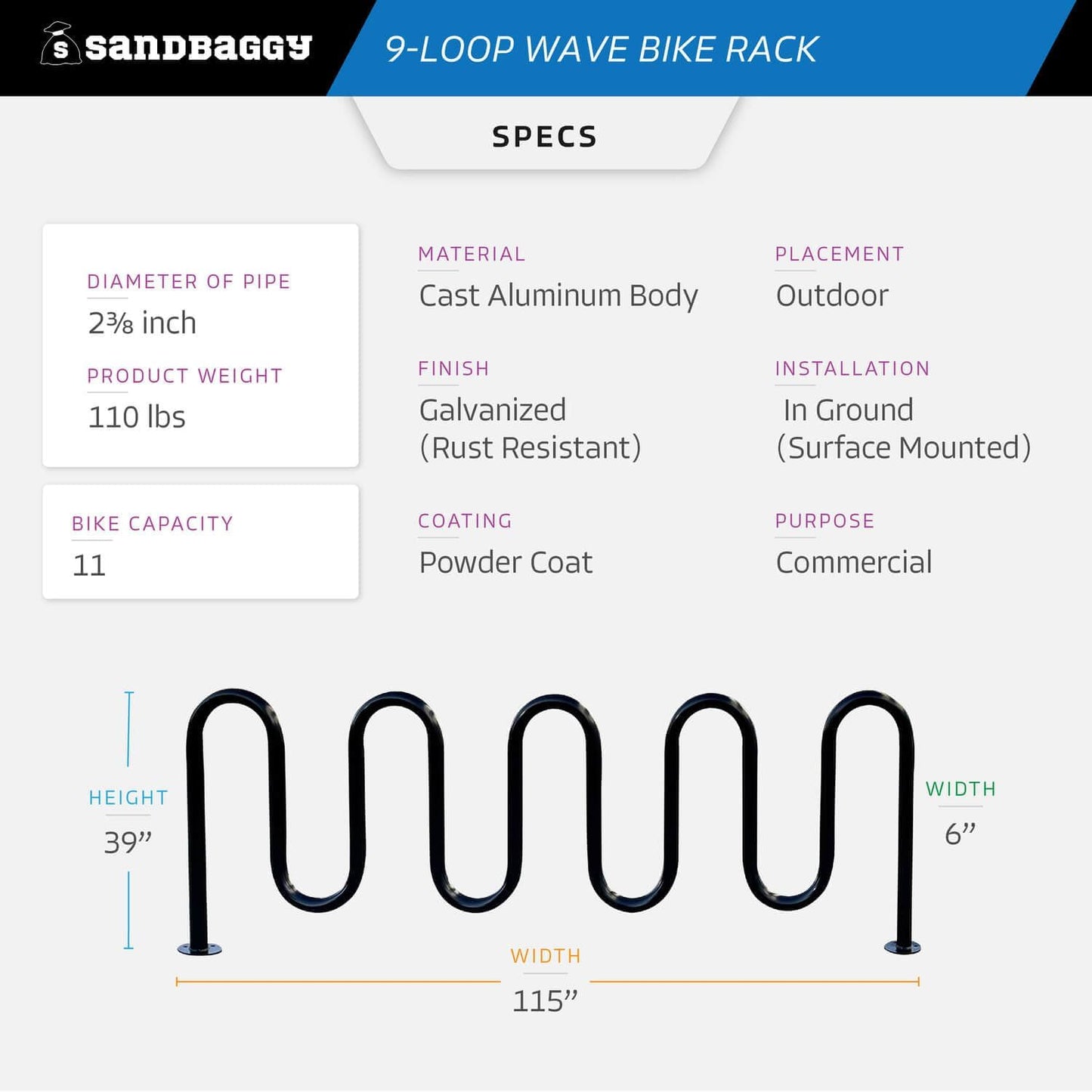 Sandbaggy Commercial Bike Racks - Galvanized Steel - Anti-Theft Design - In Ground, Apartments, Sidewalks, Industrial