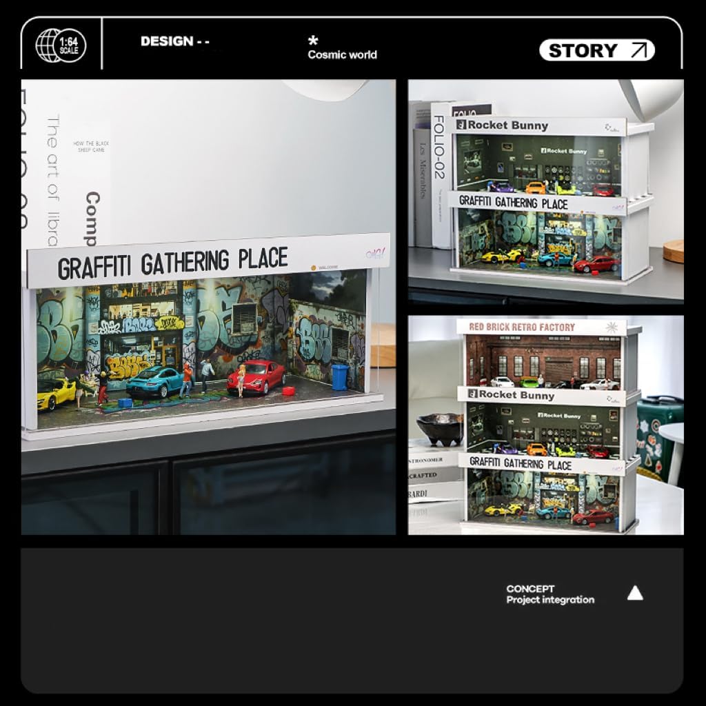 Display Case for Hot Wheels: Stackable Parking Garage for 1/64 Scale Matchbox Toy Car, FoamBoard Storage for Monster Trucks with LED Light and Acrylic Cover, 2025 Upgraded Rocket Bunny