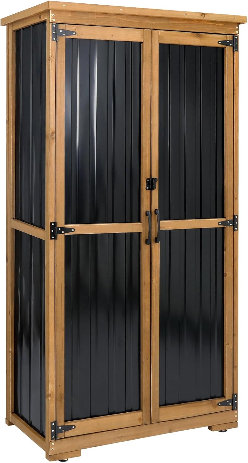 Outdoor Storage Cabinet Wood & Metal, Tall Tool Shed with Weatherproof, Double Lockable Doors, Removable 3 Shelves, Adjustable Feet for Patio, Garden, Backyard, Lawn, 32" x 15.5" x 66" (Brown)