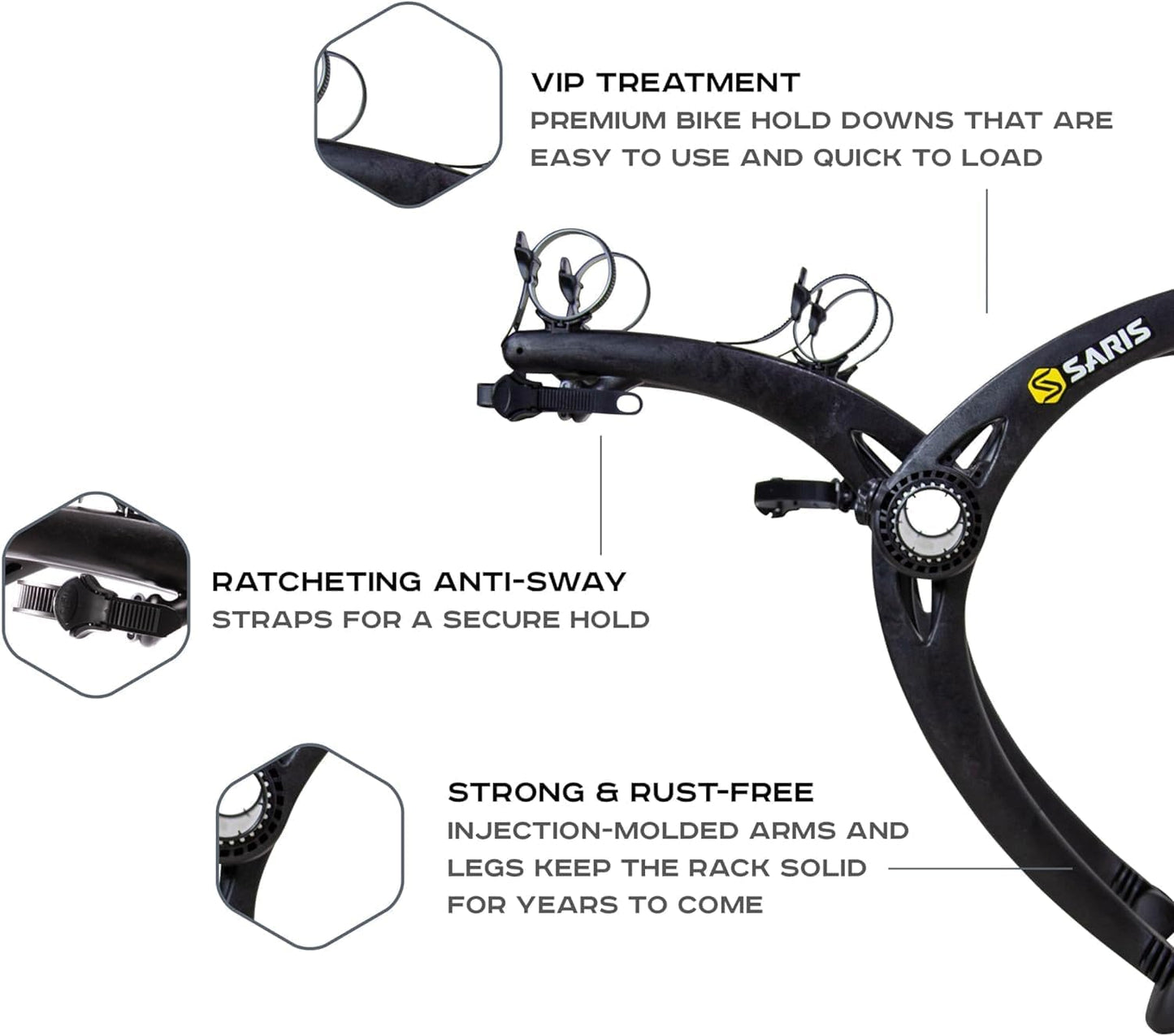 Saris Bones Car Trunk Bicycle Rack Carrier, Mounts 2 Bikes, Black - Durable, Rust-Free, Anti-Sway Straps, Fits Most Vehicles, Made in USA, Arc-Based Design, 100% Recyclable Materials