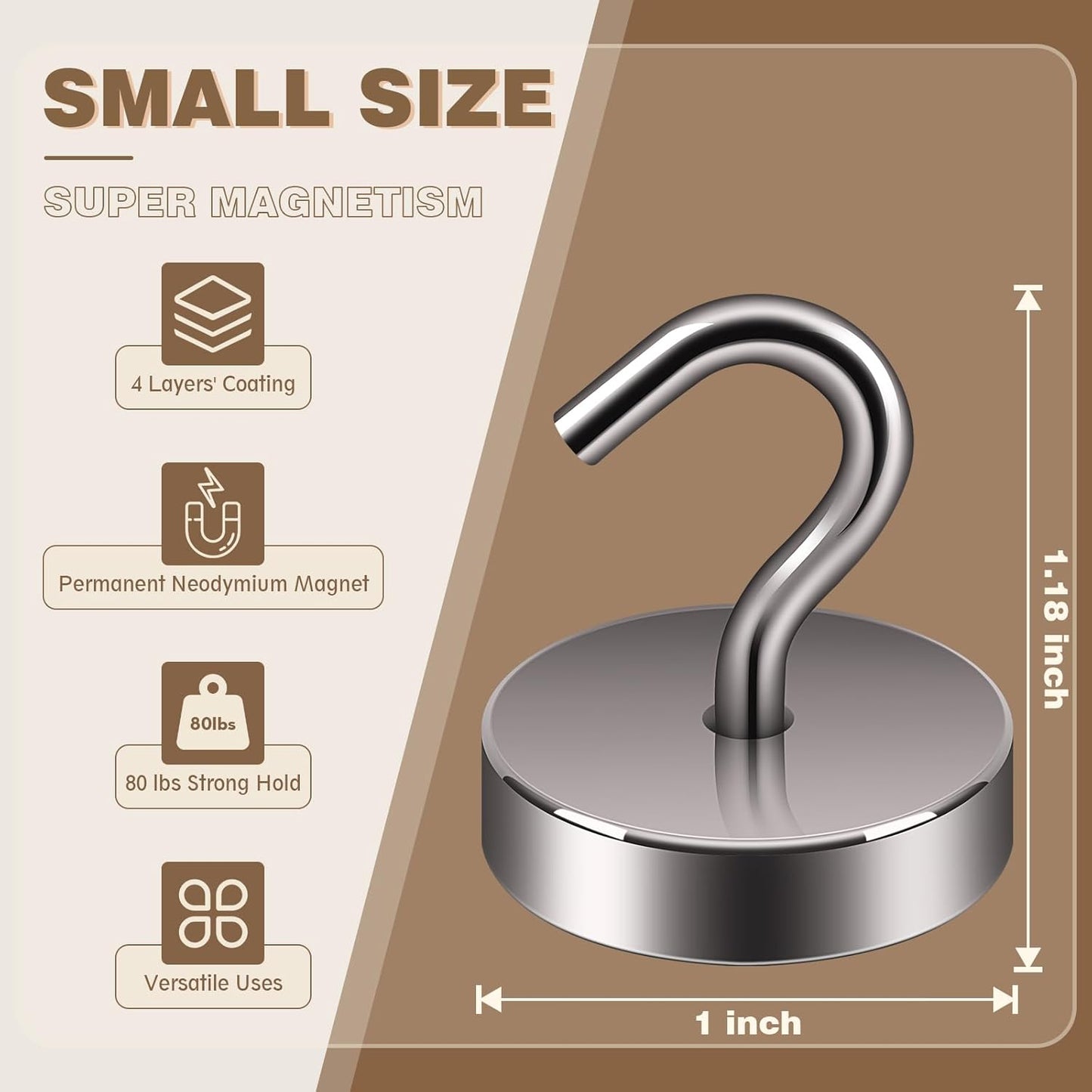 Neosmuk Magnetic Hooks, Cruise Ship Essentials, 80lb+ Heavy Duty Magnetic Hooks for Cruise Cabins, Refrigerator, Grill, Hanging, and Travel | Extra Strong Must-Haves Magnet Hook,Brown