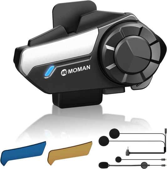 Moman Motorcycle Intercom, H2S Motorbike Helmet Headset 2-Way 1000M Communication System with Triple Noise Cancellation Audio Multitasking Hi-Fi Stereo Music Sharing FM AI Voice Waterproof, 1 Pack