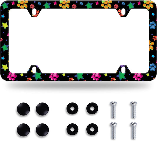 Colorful Animal Paw and Star License Plate Frame Colorful License Plate Stainless Steel Parts Funny License Plate Decorative with Screws Size 12.3" x 6.3" for Men Women