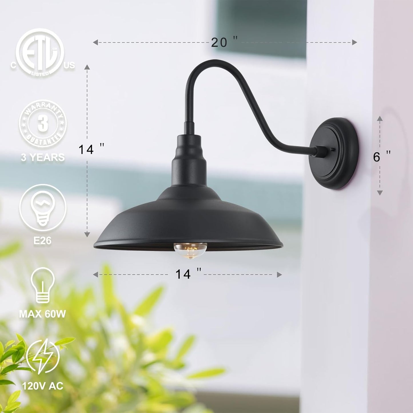 14in Outdoor Gooseneck Light Fixture for Porch, Large Exterior Barn Light with Wall Mount, Black Industrial Lighting Fixture for Farmhouse Garage Patio