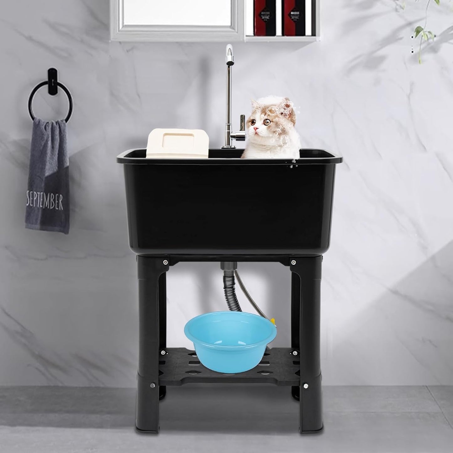 Free Standing Utility Sink with Washboard Laundry Tub Sink for Outdoor,Garage,Basement,Garden wuth Faucet,Drain,Storage Shelf (Black, 23.6 * 15.8 * 30.1in)