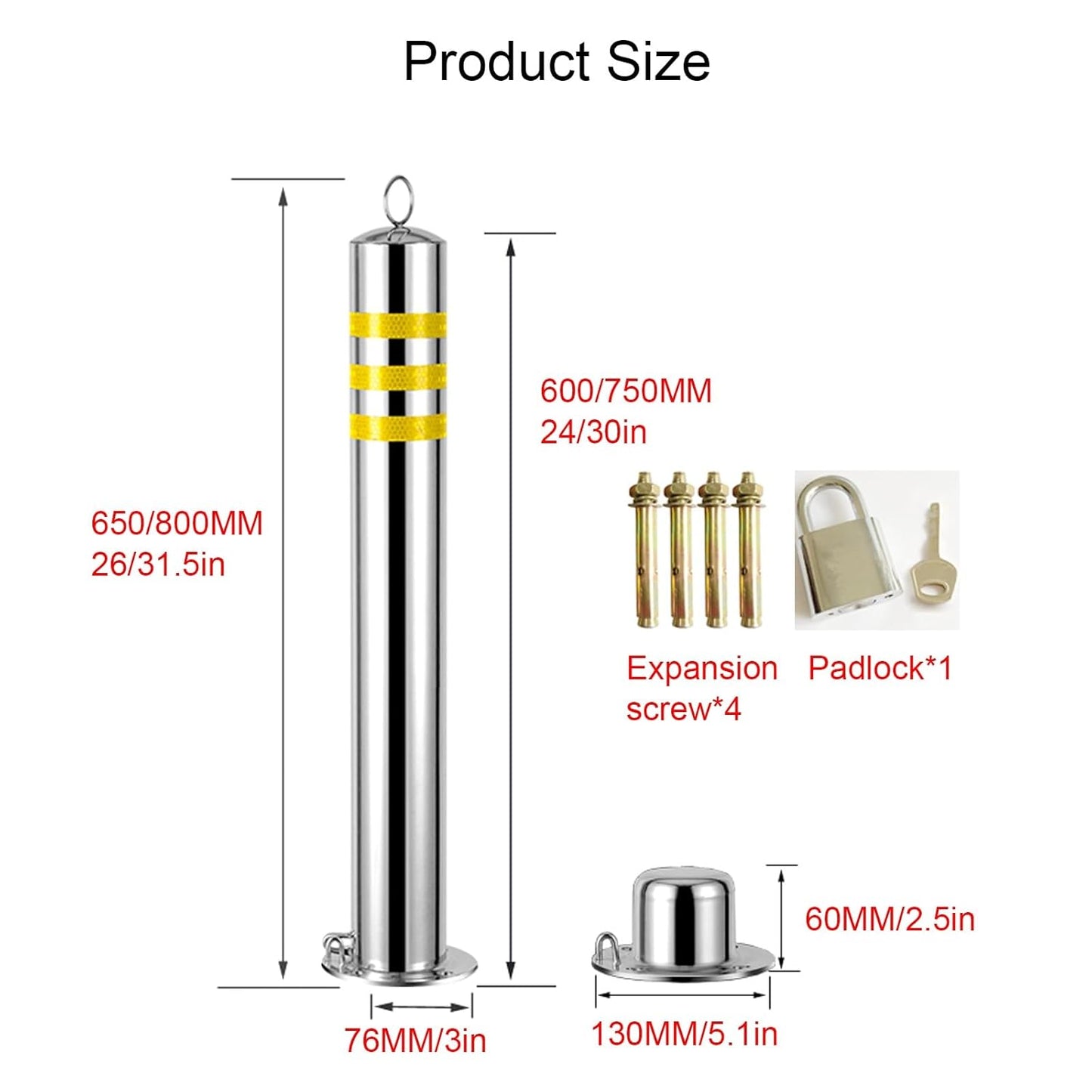 Safety Bollard, Steel Bollards, Removable Bollard, Driveways Stainless Steel Security Posts with 4 Anchor Bolts, for Parking Barrier, Road Safety(Size:600mm/24in)