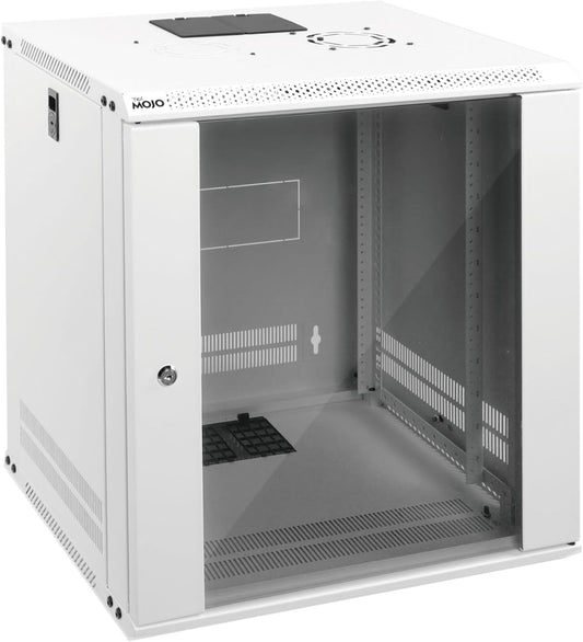 Tecmojo 12U Wall Mount Rack Network Cabinet for 19" IT Equipment,with Lockable Glass Door and Side Panels,Cooling Fan,17.7inch Depth,White