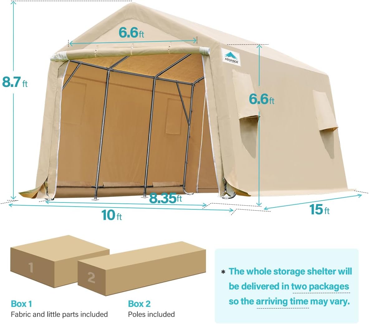 ADVANCE OUTDOOR 10X15 ft Garage Shelter Steel Metal Peak Roof Portable Storage Shed Carports for Motorcycle Boat, or Garden Tools with 2 Roll up Doors & Vents, Beige
