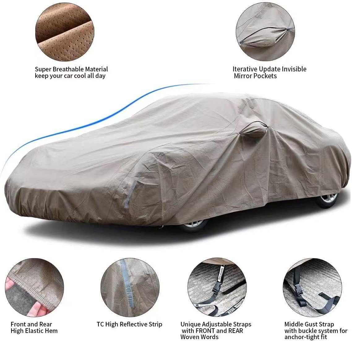 Tecoom Car Cover Waterproof All Weather Thick Shell Non-Woven Outdoor Full Cover with Invisible Zippered Mirror Pockets Rain Sun Wind Hail Protection Car Covers Universal Fit Bmwz4 (167-172 Inches)
