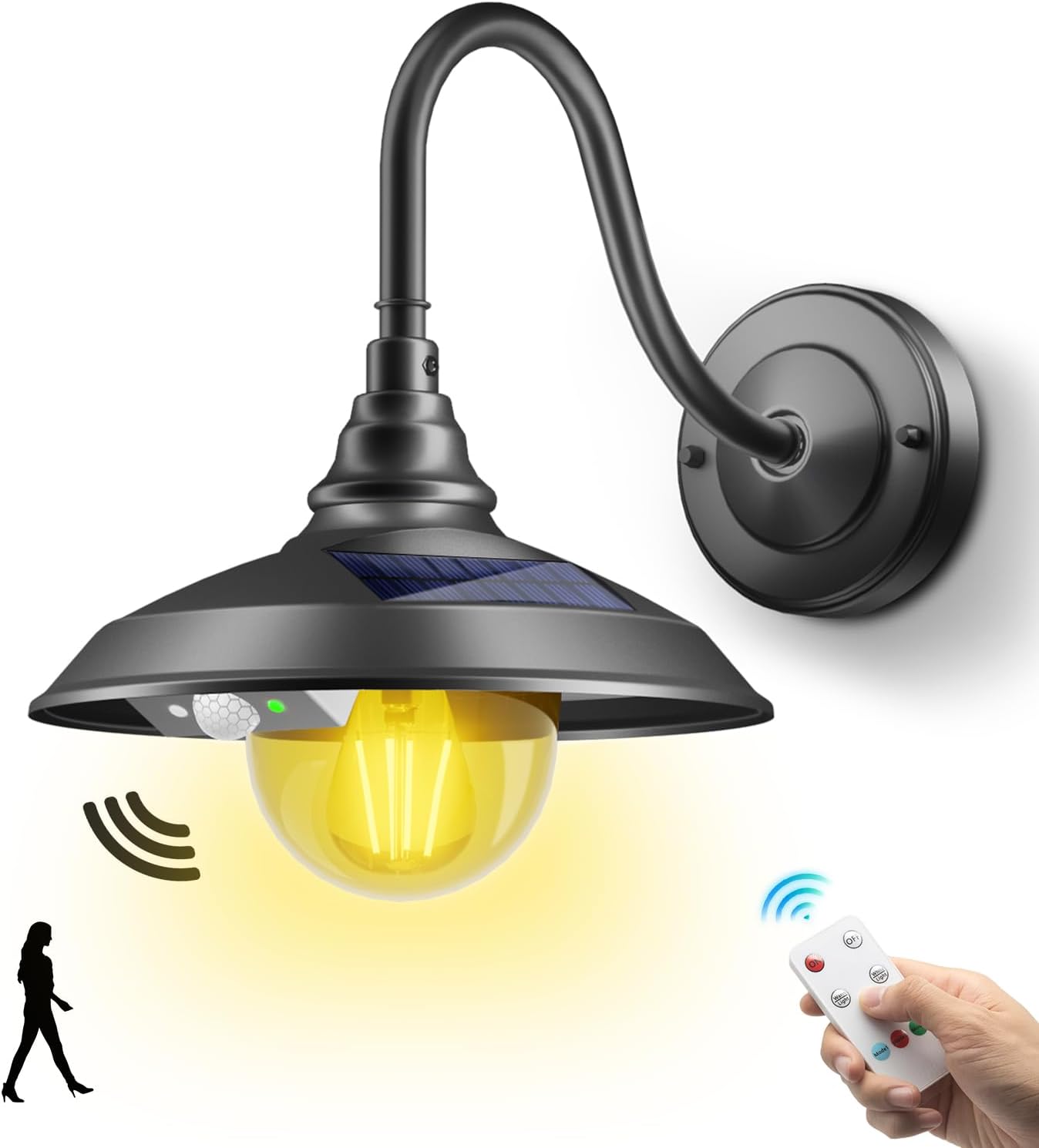 SIEDiNLAR Solar Barn Light Outdoor 3 Modes 2 Lighting, Aluminum Gooseneck Wall Light Vintage Farmhouse Waterproof with Remote & Motion Sensor for Barn Garage Shed Chicken Coop Porch Black (1 Pack)