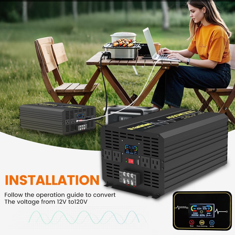 4000W Pure Sine Wave Power Inverter 12V DC to 120V AC 60HZ with LCD Display, USB Port, Wireless Remote Control（10M）, Solar, Outdoor