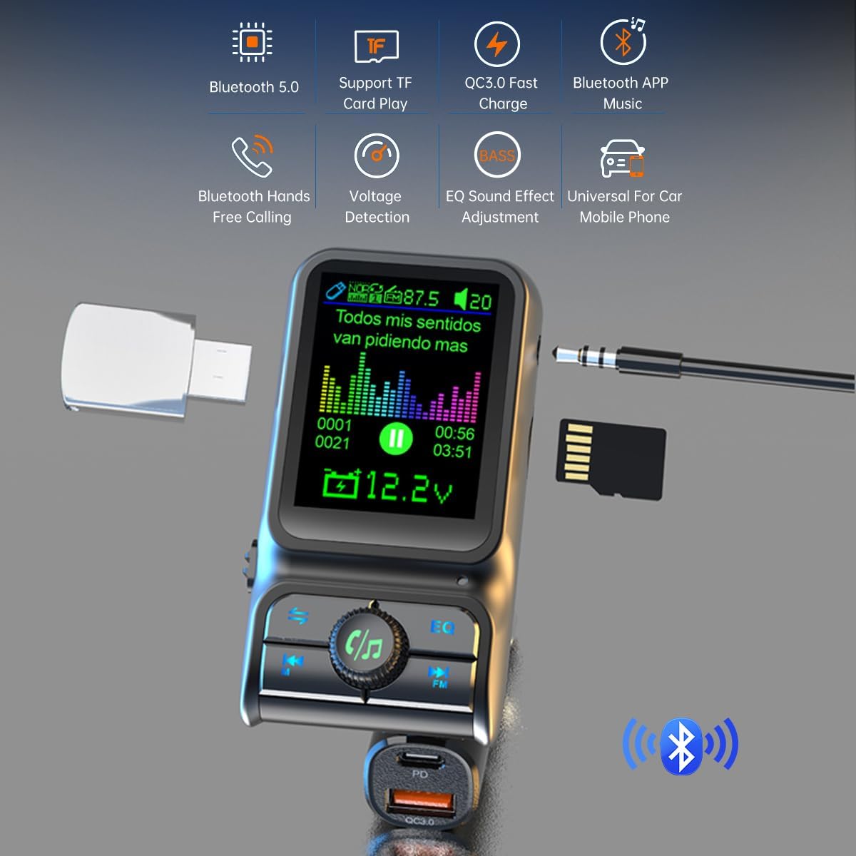 BC85LK Wireless Bluetooth Car Adapter with QC 3.0 PD 3.0 USB C Fast Charger, Bluetooth 5.0 Radio Transmitter, Hands-Free Phone Call Support